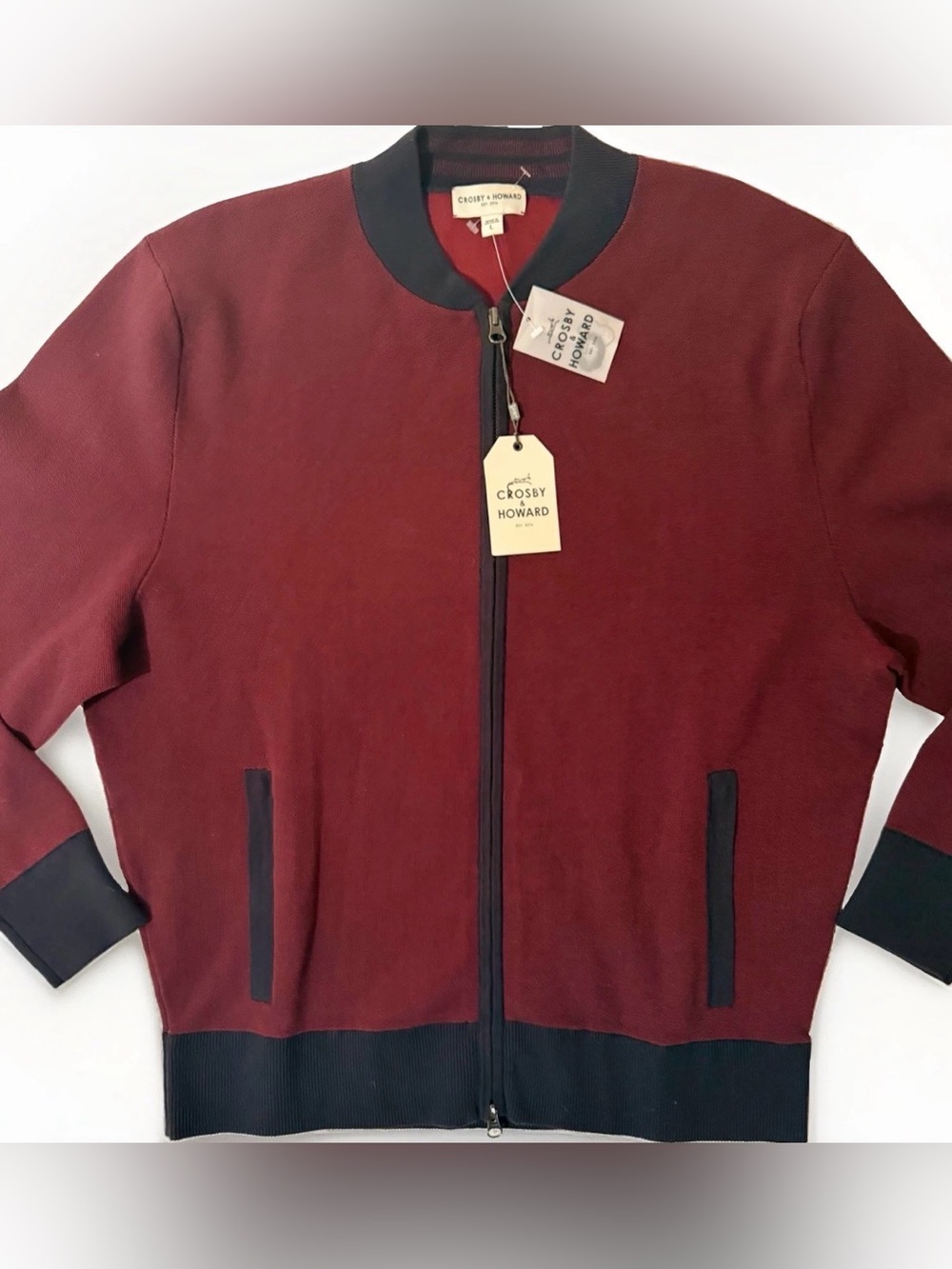 Crosby & Howard Sweater Mens Large Burgandy Full Zip Ribbed Mock Neck Knit